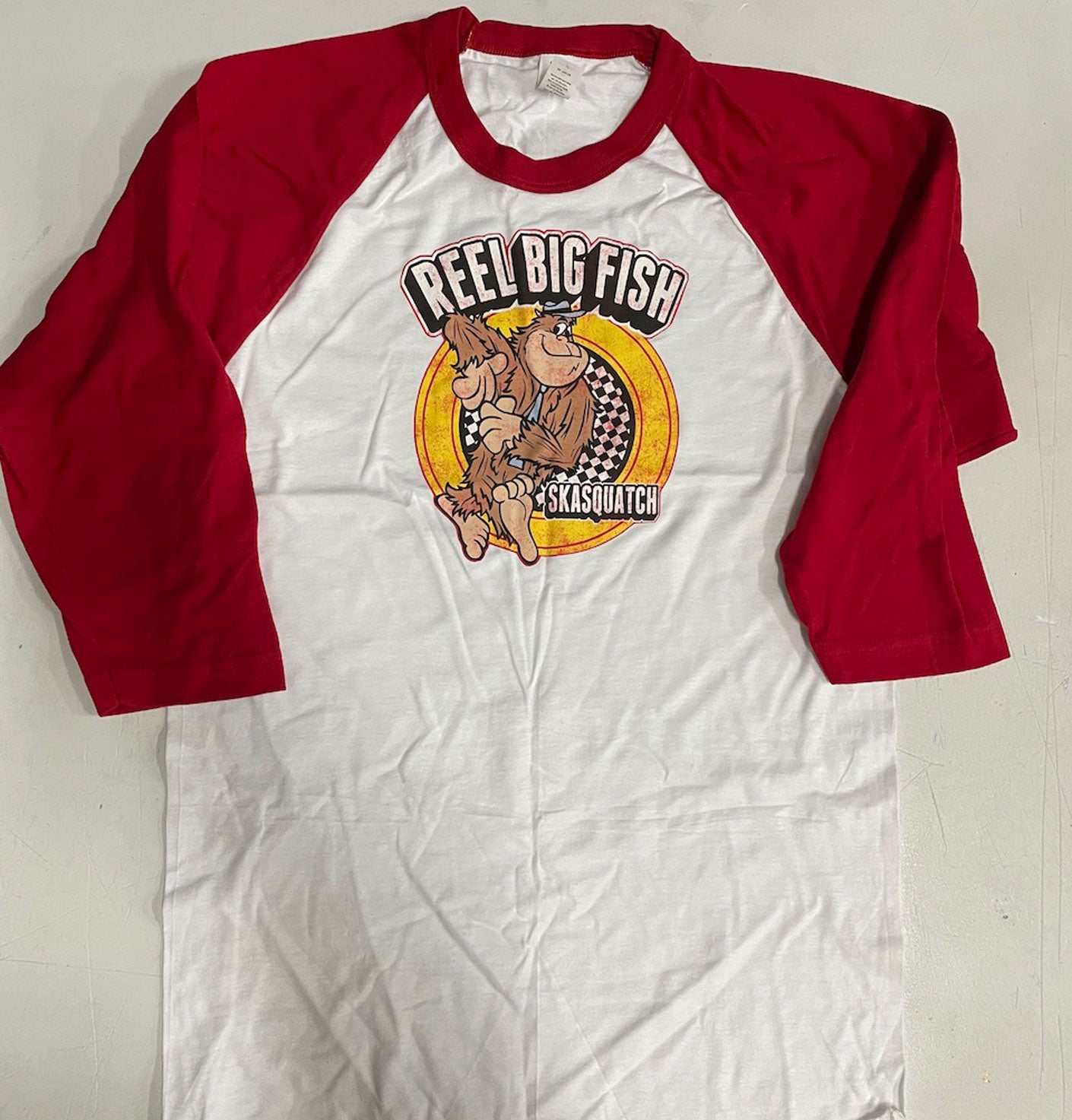 Distressed Skasquatch logo raglan tee - red, size S