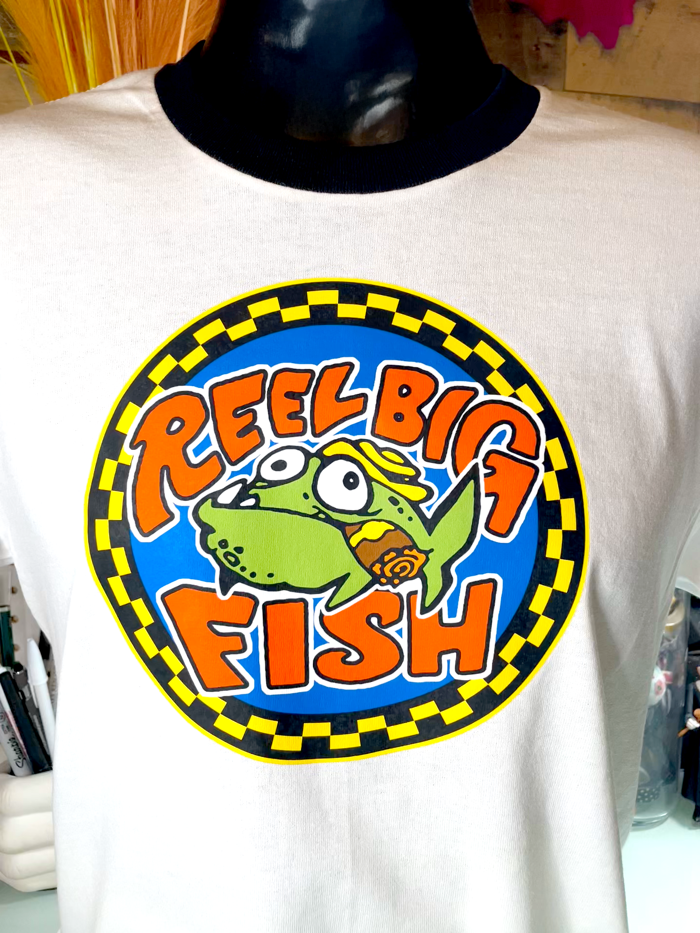 Silly Fish round logo - white ringer tee