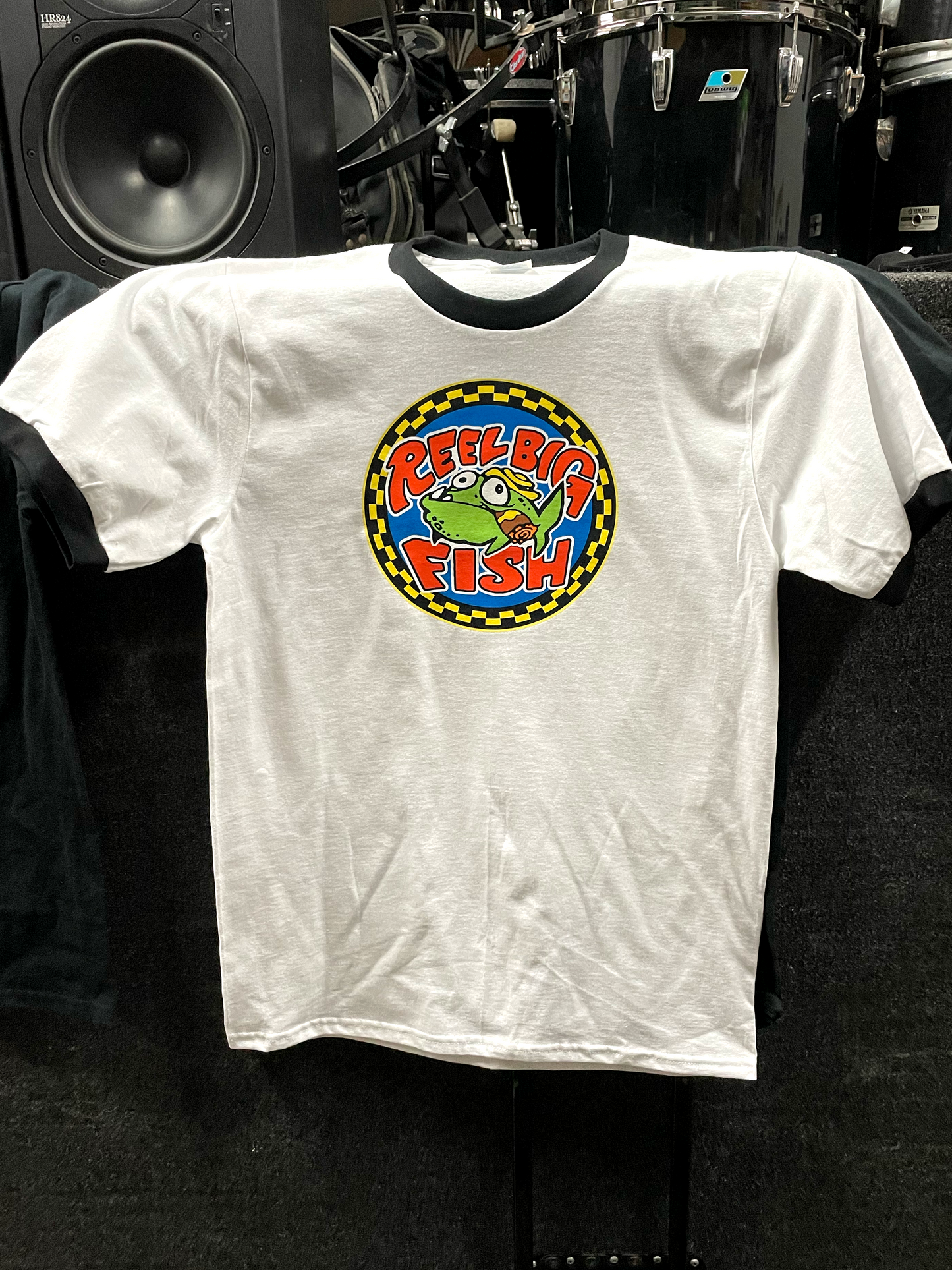 Damaged: Silly Fish round logo - white ringer tee - Size LG