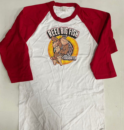 Distressed Skasquatch logo raglan tee - red, size S
