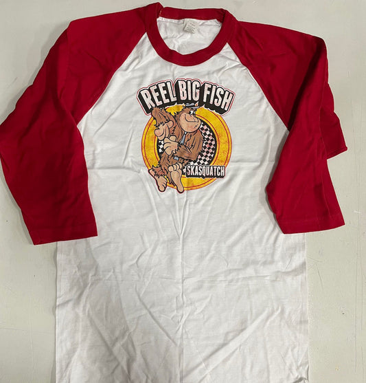 Distressed Skasquatch logo raglan tee - red, size S