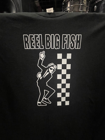 Black t-shirt with 'Reel Big Fish' text and graphic design on a dark background