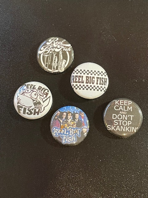5-pack assorted 1" pinback buttons circa 2015