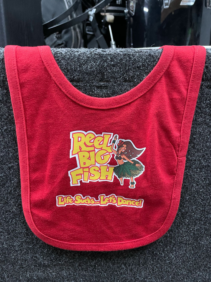 Red bib with 'Reel Big Fish' logo and text on a dark surface