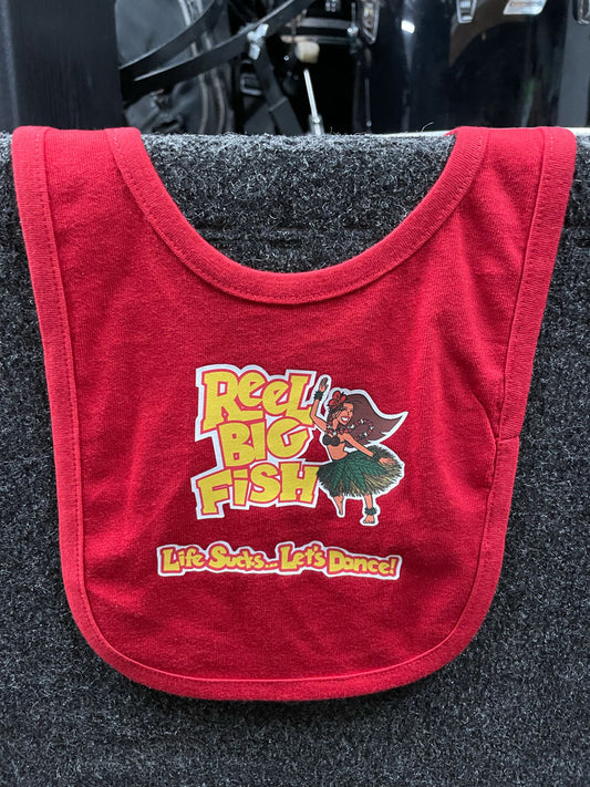 Red bib with 'Reel Big Fish' logo and text on a dark surface