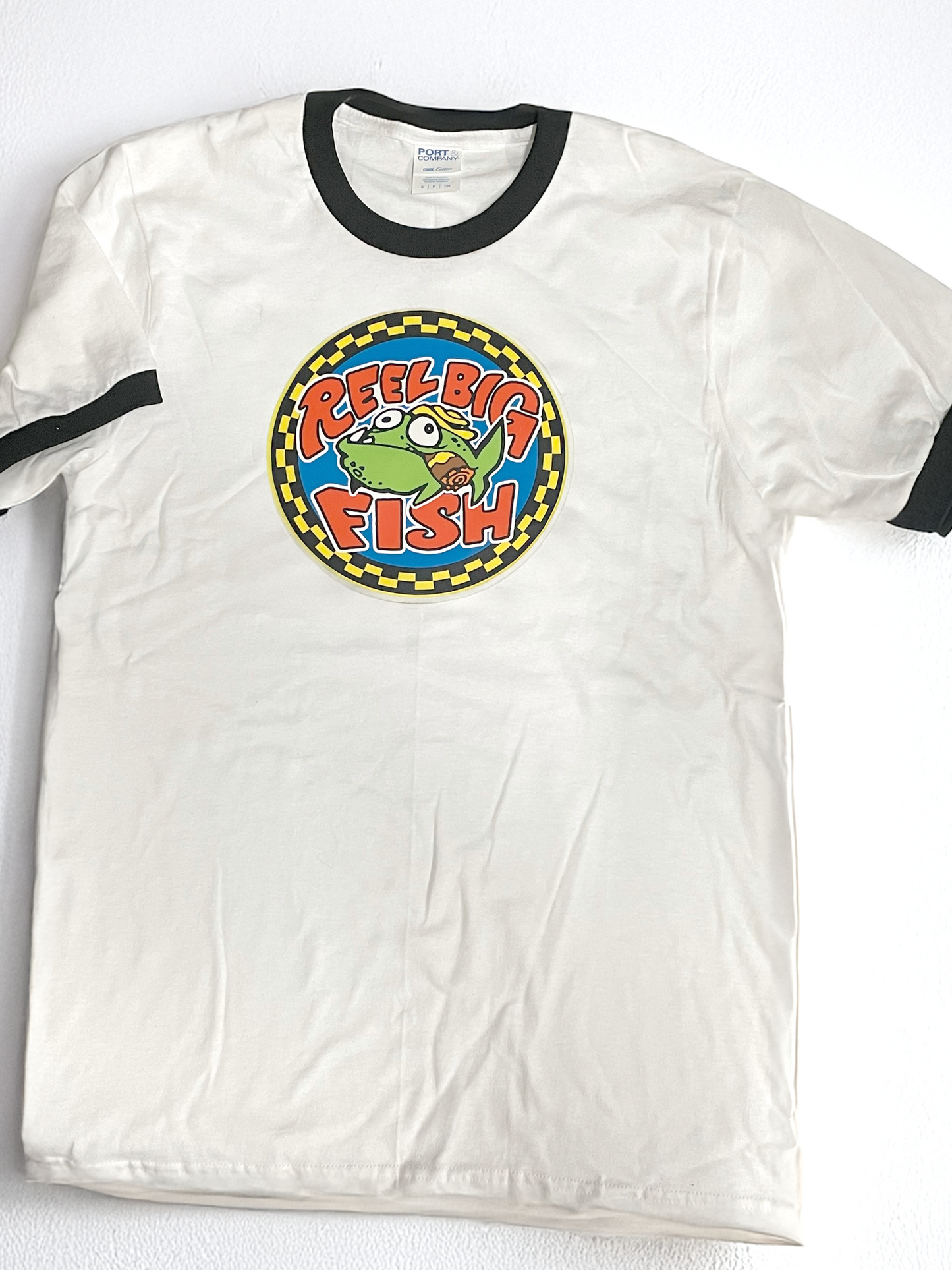 Silly Fish round logo - white ringer tee